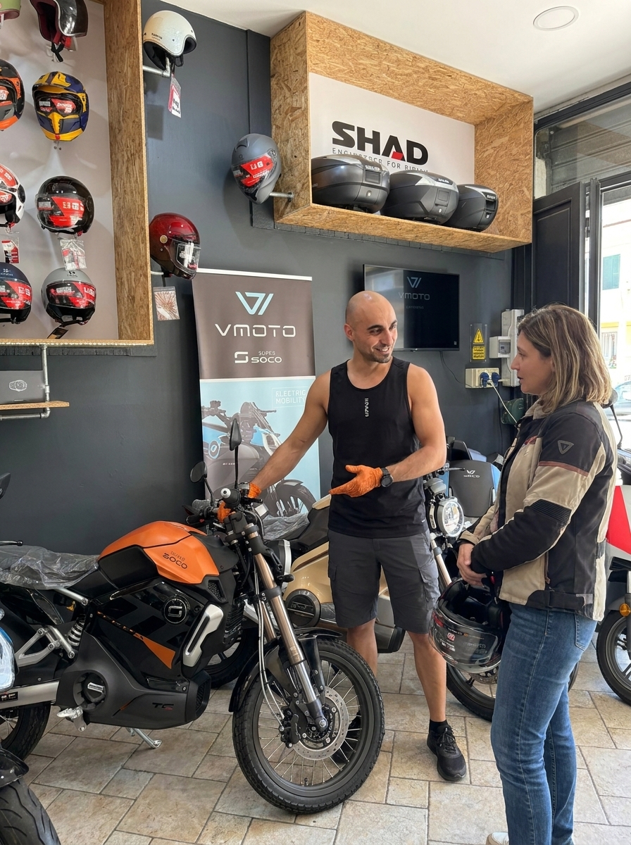 Tecnico che fa una consulenza sulle moto elettriche