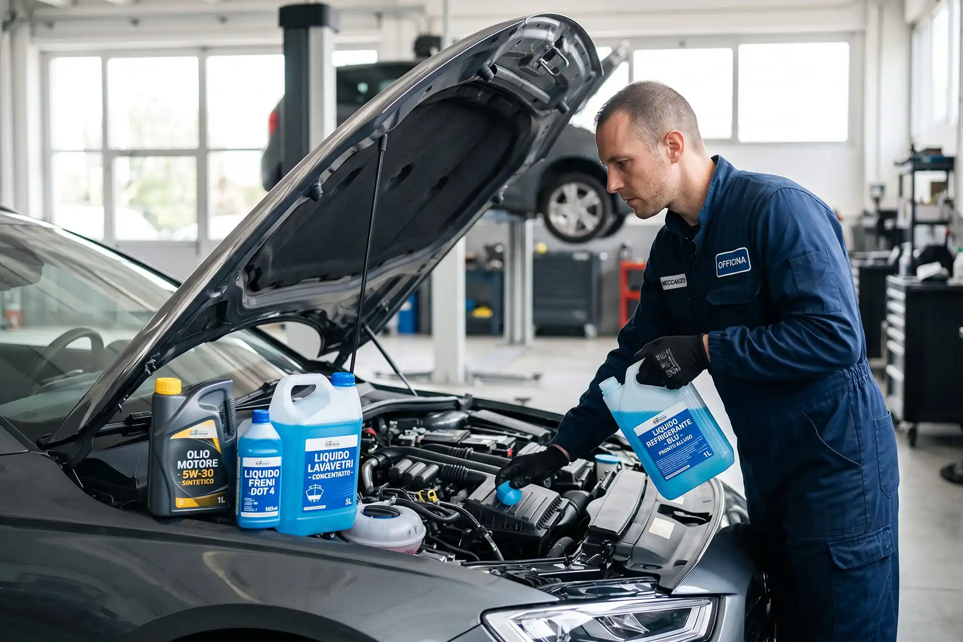 Tecnico in un'officina che controlla i livelli dei fluidi sotto il cofano di un'automobile